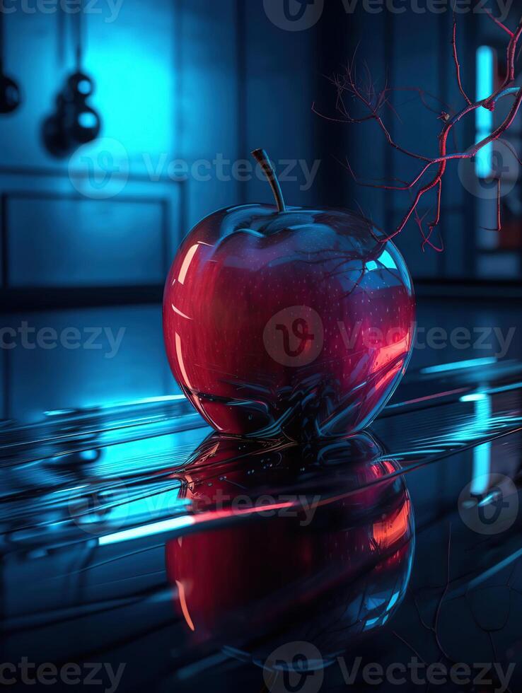 un' mazzo di rosso mela, Mela petali blu leggero scintillante Su, acqua far cadere riflessione luce, bellissimo spettrale luce, generativo ai foto