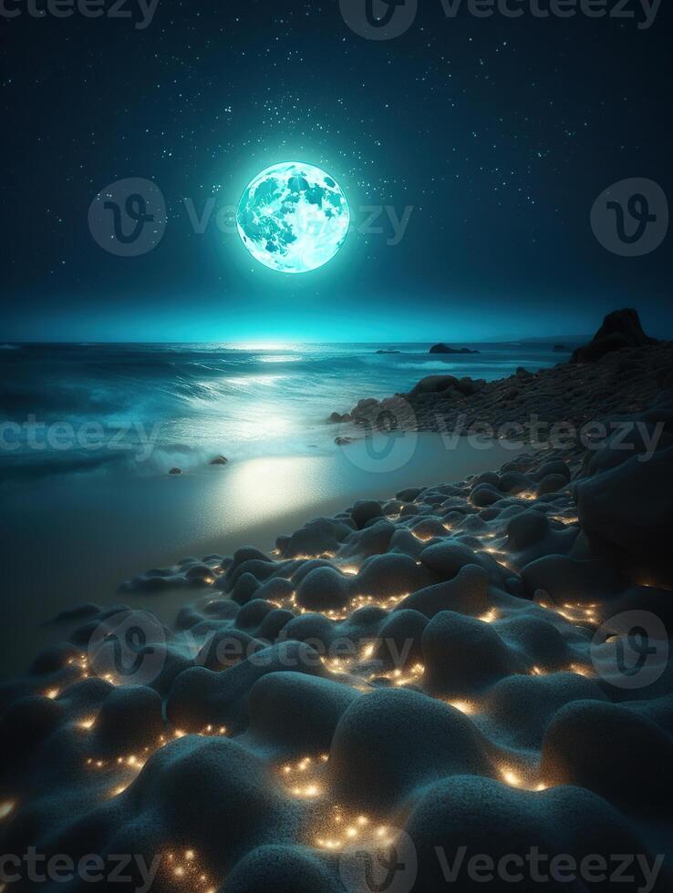 un' spiaggia coperto nel molte di leggero blu rocce sotto un' notte cielo, latteo modo e il enorme Luna ,il raggiante sabbie mobili fluente a partire dal il Luna per il mare, generativo ai foto