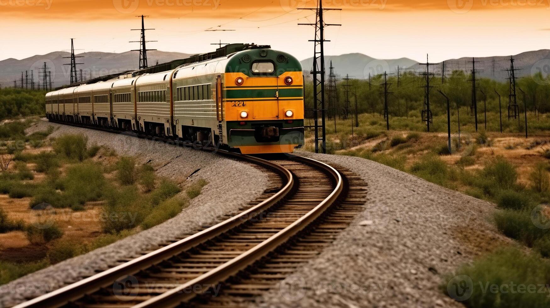 su il rotaie, esplorando il vasto campagna come il treno viaggi attraverso il nazione. generativo ai foto