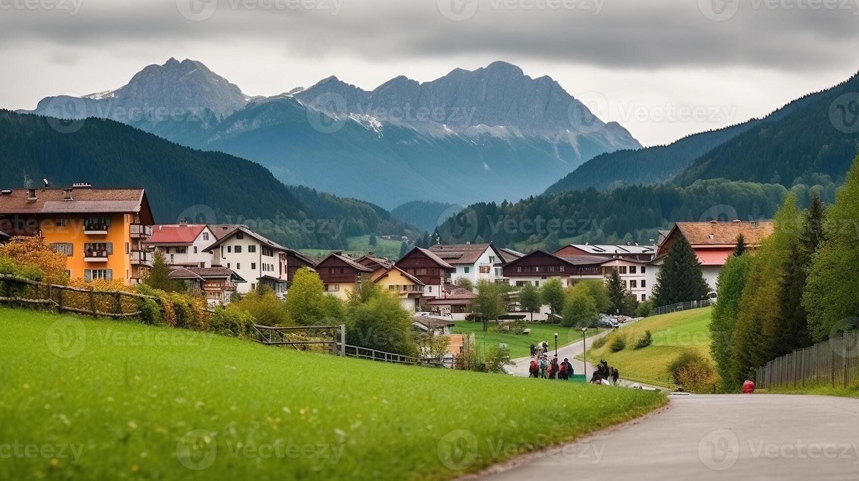 Tedesco villaggio nel un alpino montagna paesaggio. generativo ai foto