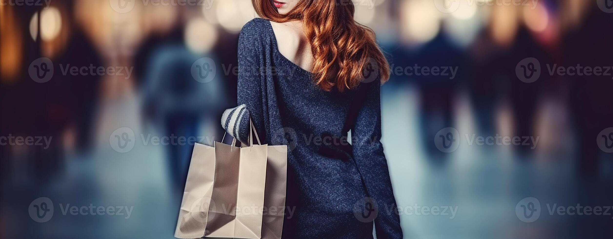 stile testa Rossa ragazza con shopping borse. generativo ai foto