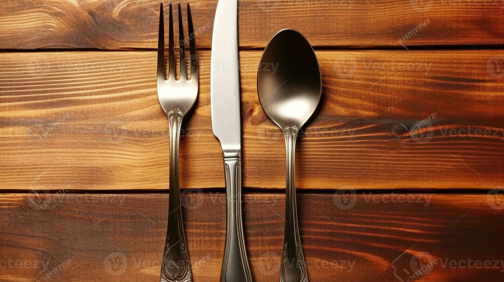 Vintage ▾ argento coltello e forchetta su Marrone di legno strutturato tavolo. classico tavolo ambientazione concetto. generativo ai foto