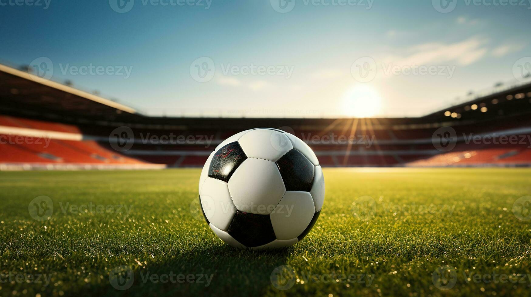 il solitario calcio palla in mezzo il vasto verde campo e torreggiante stadio sta. generativo ai foto
