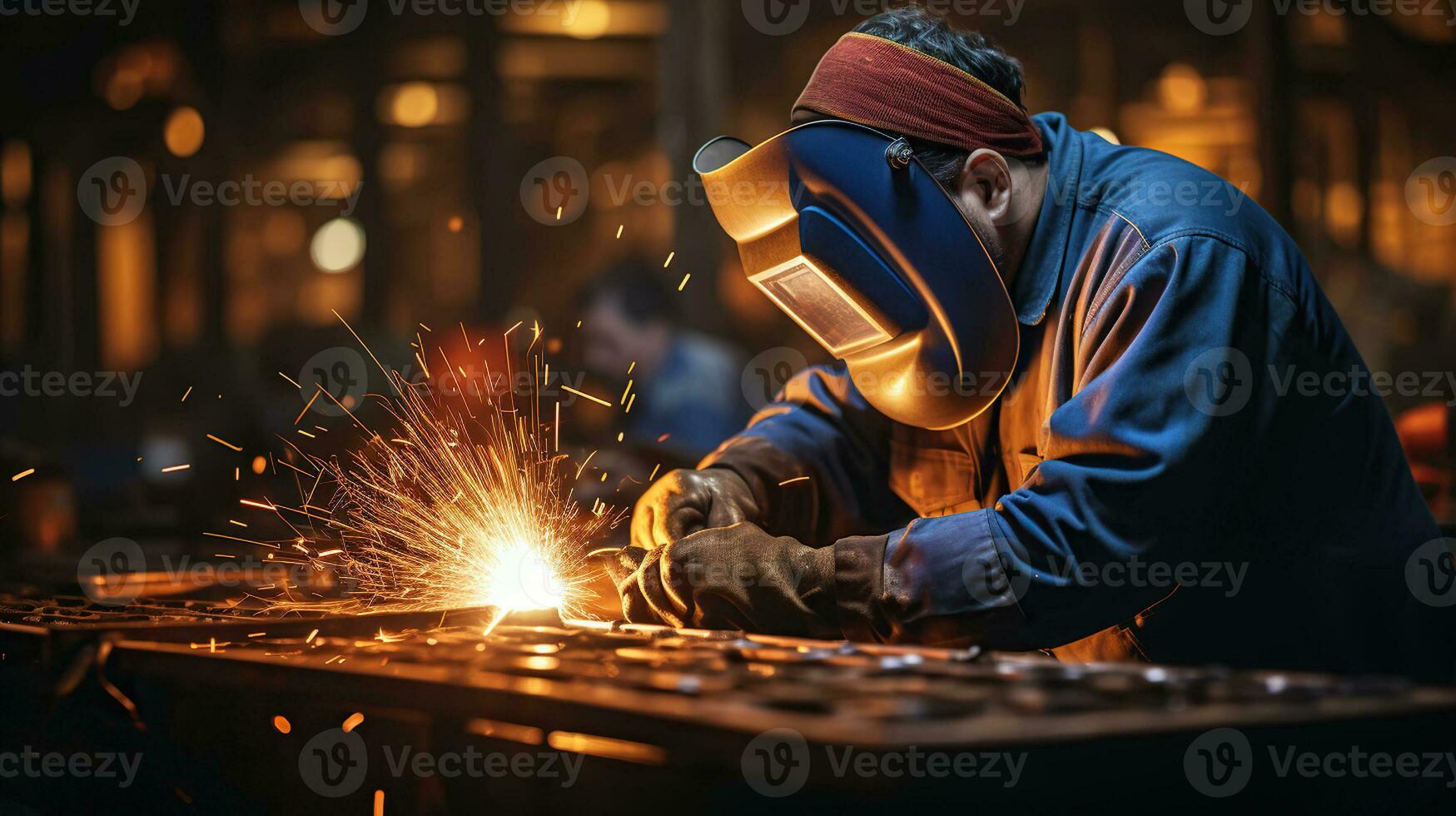 un' persona saldatura nel un' fabbrica, buio atmosfera, saldatura scintille luminosa luce, Manuale lavoro duro e faticoso. generativo ai foto