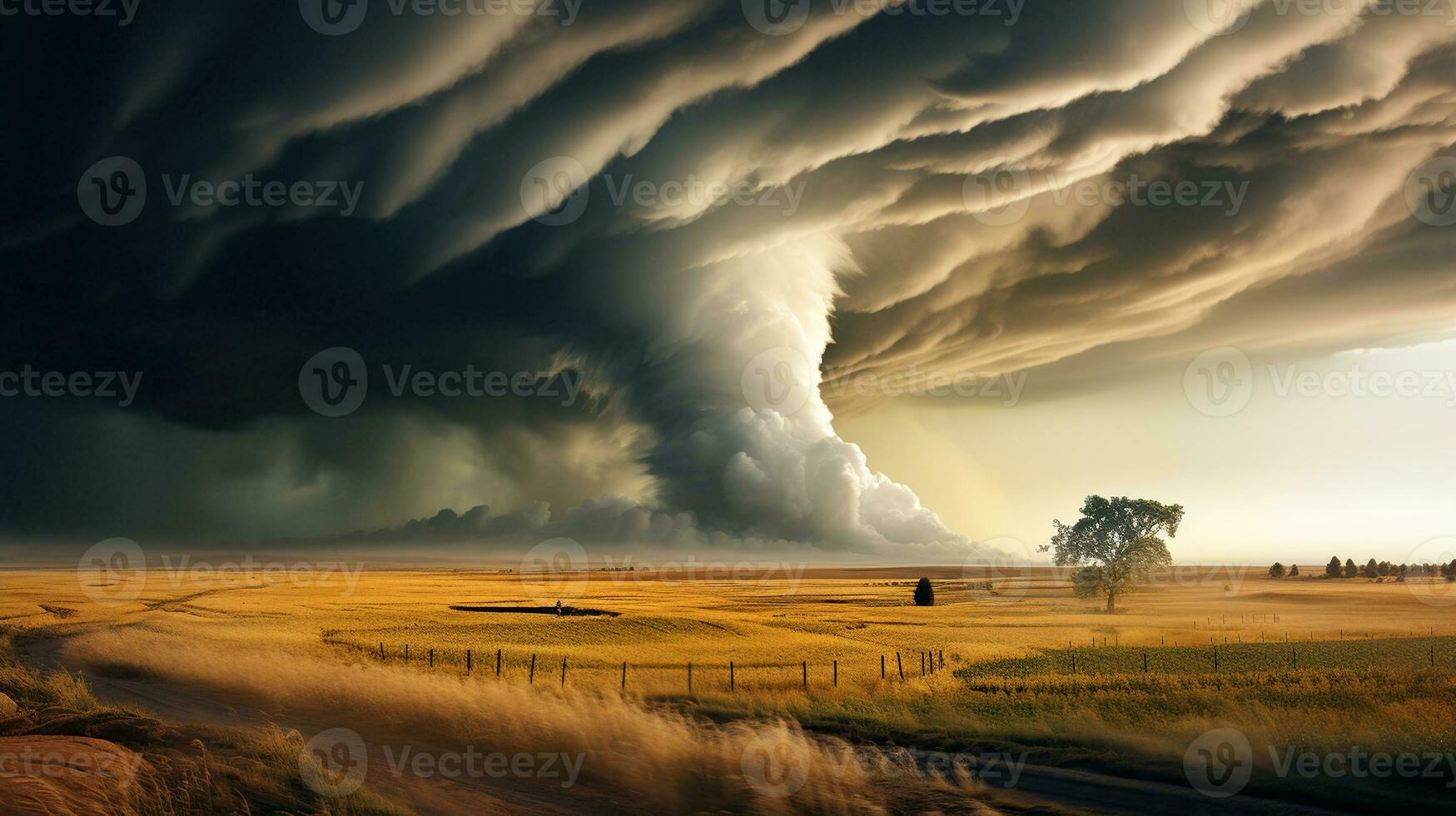 drammatico paesaggio con pericoloso e pauroso tornado nel giallo verde campo con forte vento. disastro concetto. generativo ai foto