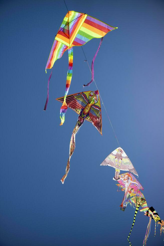 serie di colorato aquiloni volante nel il blu cielo foto