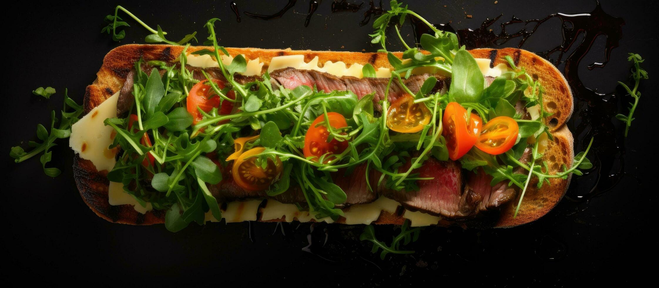 superiore Visualizza di un' bistecca Sandwich con affettato arrosto manzo, rucola, e formaggio su un' nero sfondo. foto