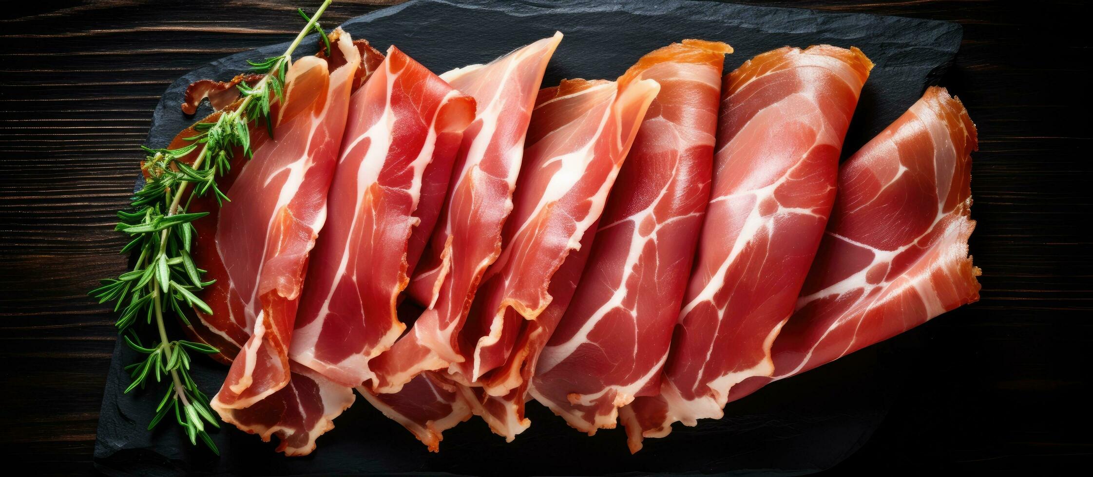 fette di prosciutto di parma o jamon serrano iberico su un' buio di legno sfondo, visto foto