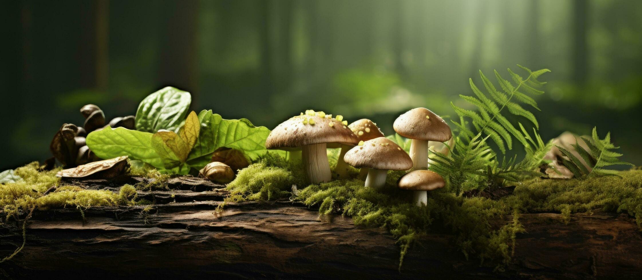 un' naturale scena con muschio, foglie, e verde erba, con ginseng radici e reishi funghi. foto