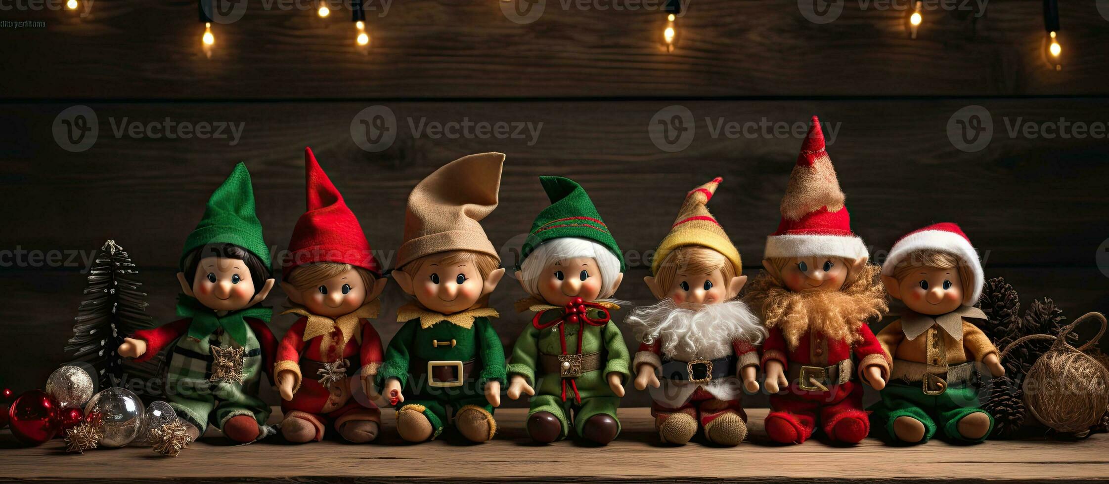 Natale elfi capi di abbigliamento e bambole disposte su un' di legno sfondo. vuoto spazio in giro loro foto