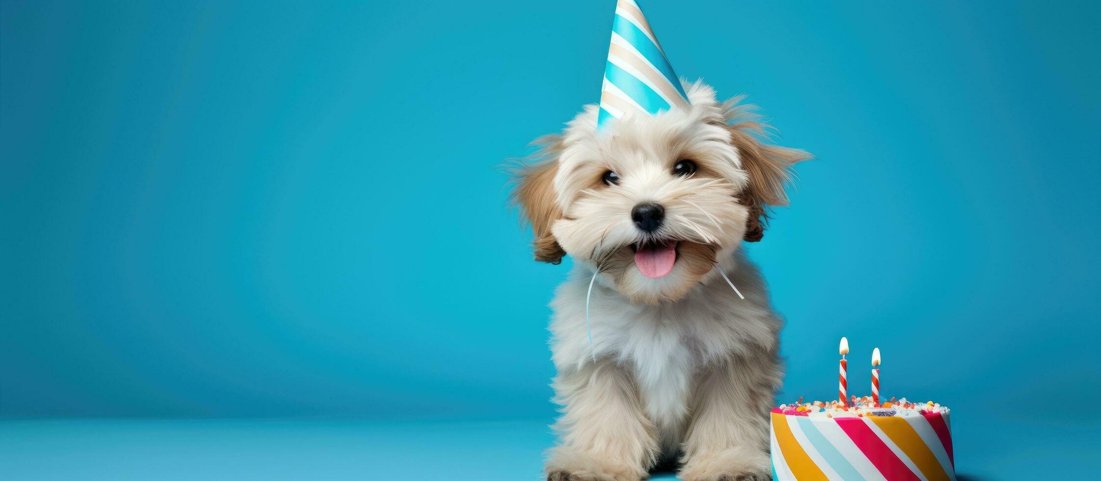 un' allegro e adorabile cane è felicemente festeggiare con un' compleanno torta e festa cappello. il cane foto