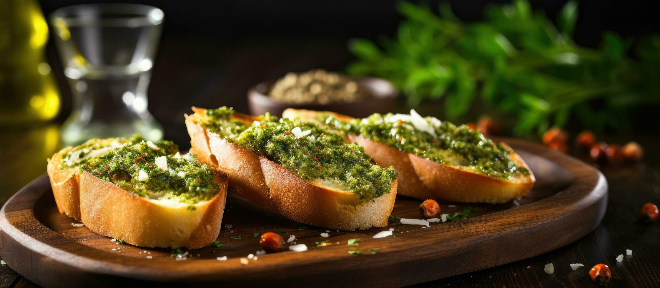 un' delicatezza di Bruschetta fatto con oliva olio, olive, pesto, aglio, e parmigiano. servito su foto