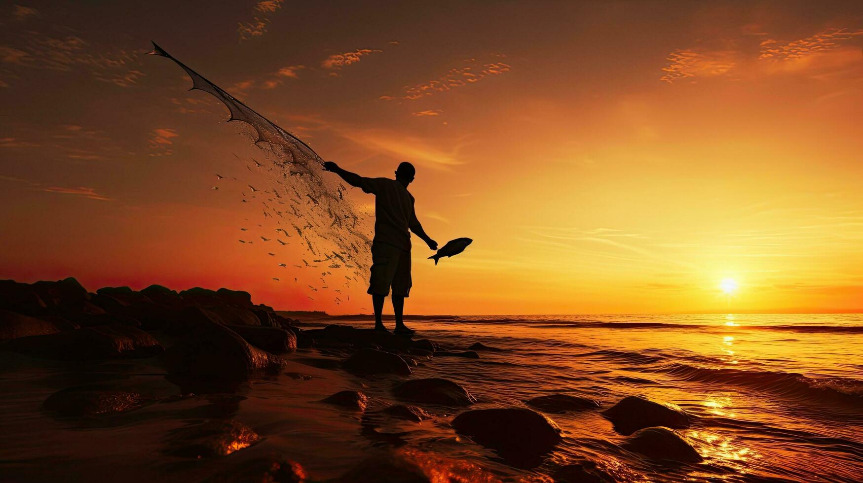 pescatore passeggiando lungo il riva trasporto il suo catturare foto