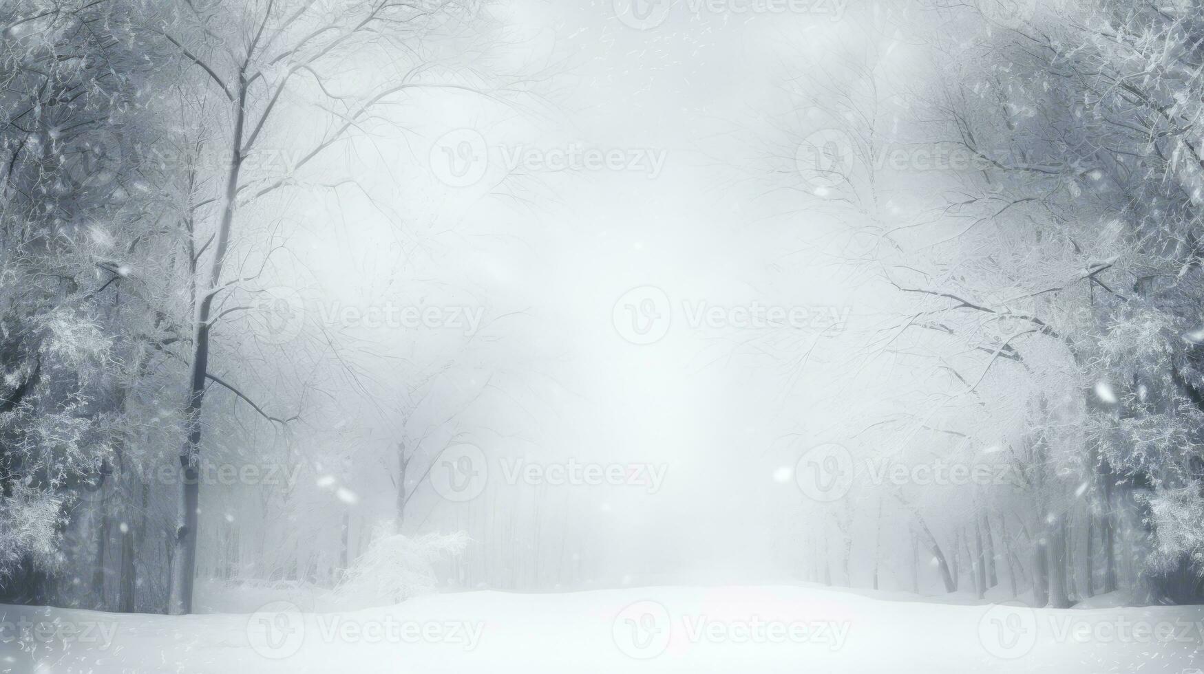 alto qualità foto di un' nevoso strada Visualizza attraverso un vecchio foresta con nero albero sagome e un' bianca neve sfondo nel inverno