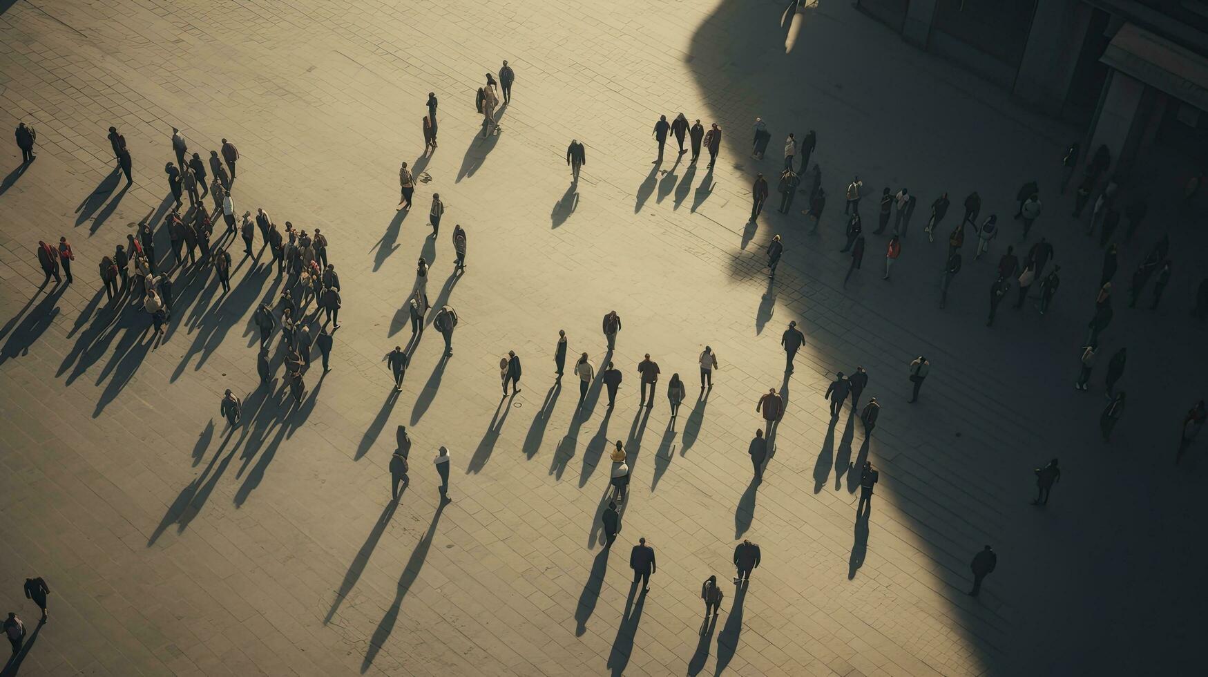 aereo Visualizza di individui in marcia nel un' spazioso piazza fatto di calcestruzzo foto