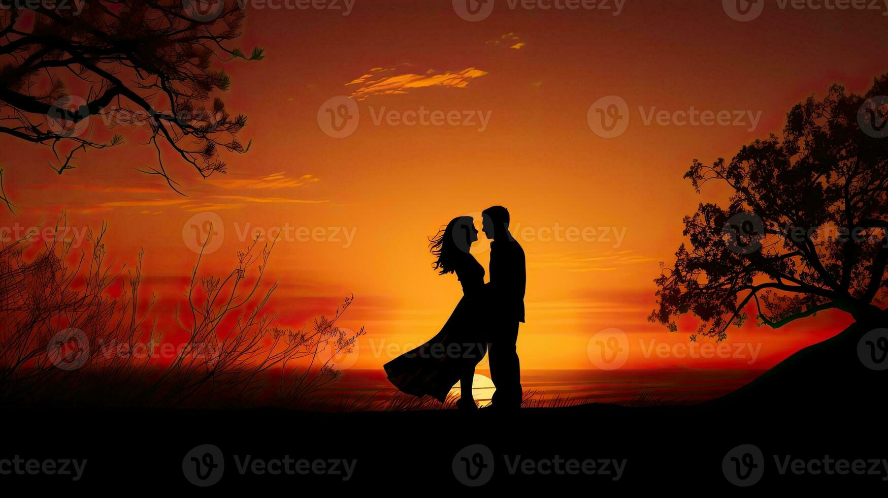 sagome di un' uomo e donna nel un' natura tramonto che rappresentano amore foto