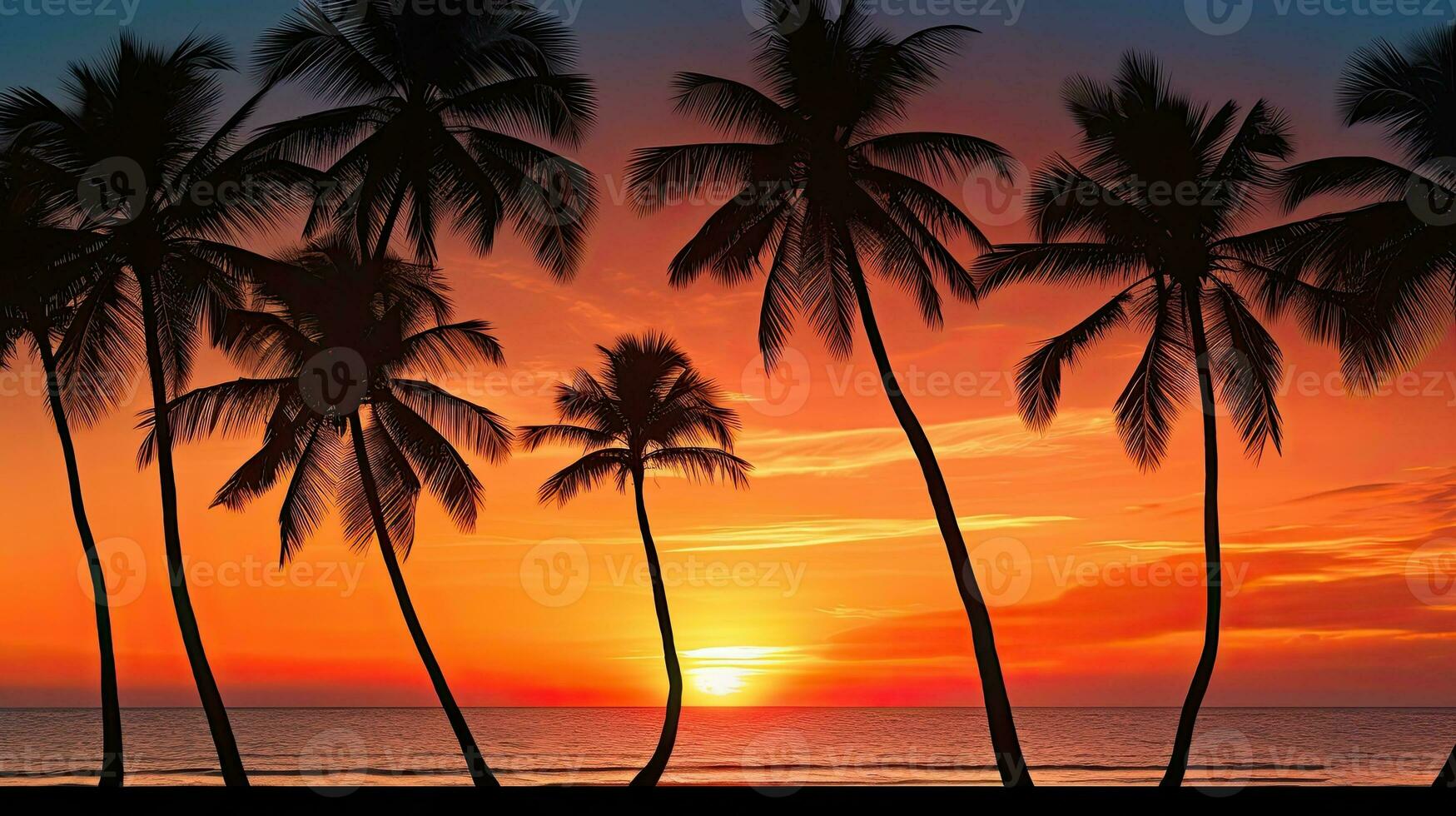 palma alberi silhouette contro un' sbalorditivo sfondo di un' tropicale tramonto spiaggia foto