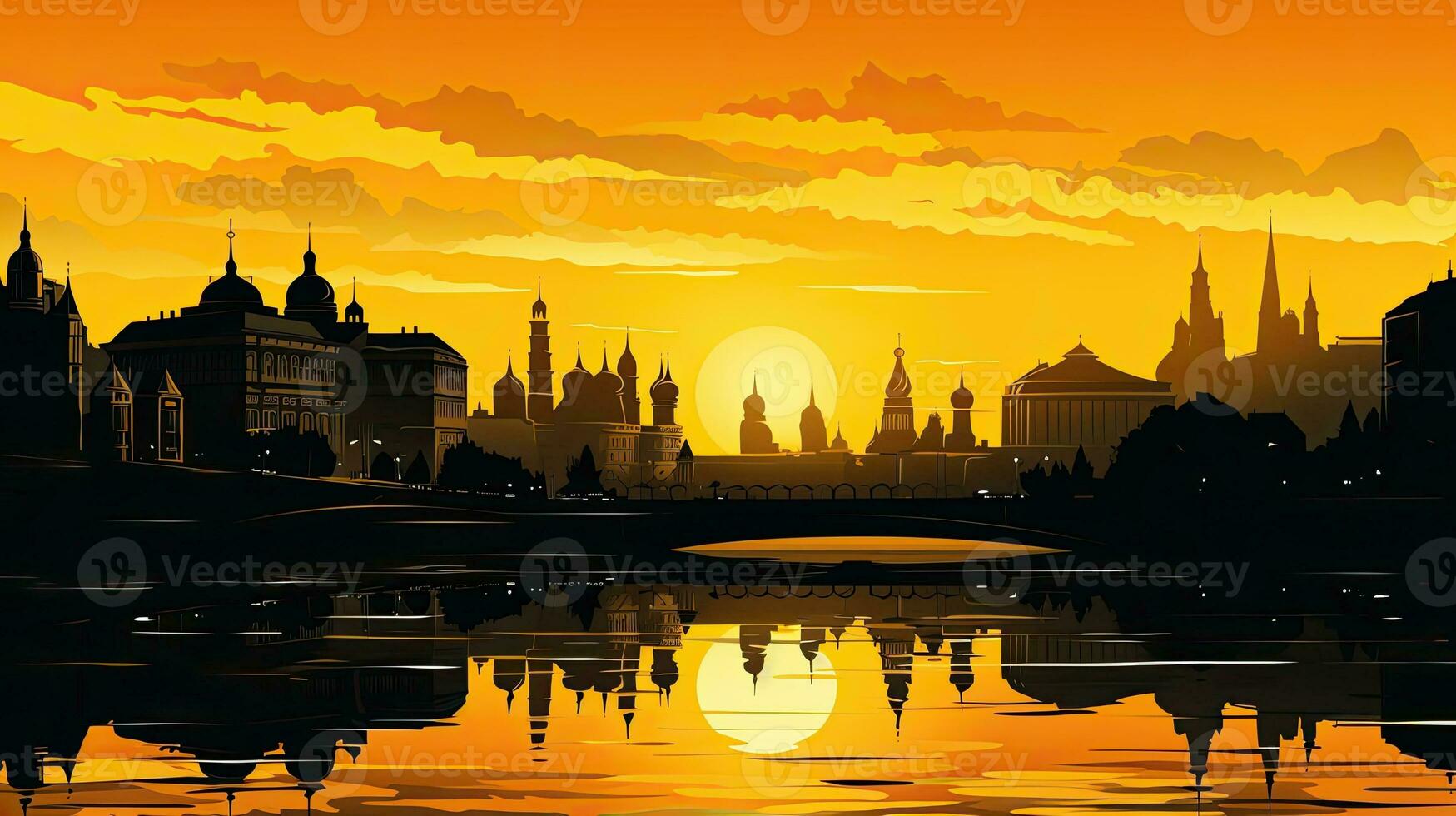 Mosca tramonto con sagome di famoso edifici riflessa nel il fiume colorato nel nero e giallo foto