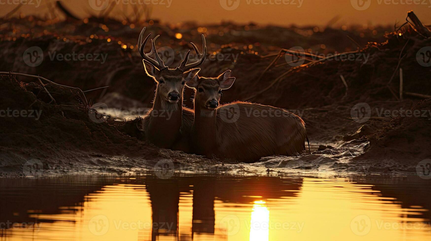 2 adulto cervo godendo il sole e fango nel il giorno a ranca upas campo nel bandung Indonesia foto