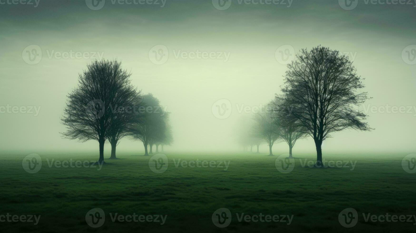 olandese paesaggio con nebbioso tempo metereologico e alberi su un' verde campo foto