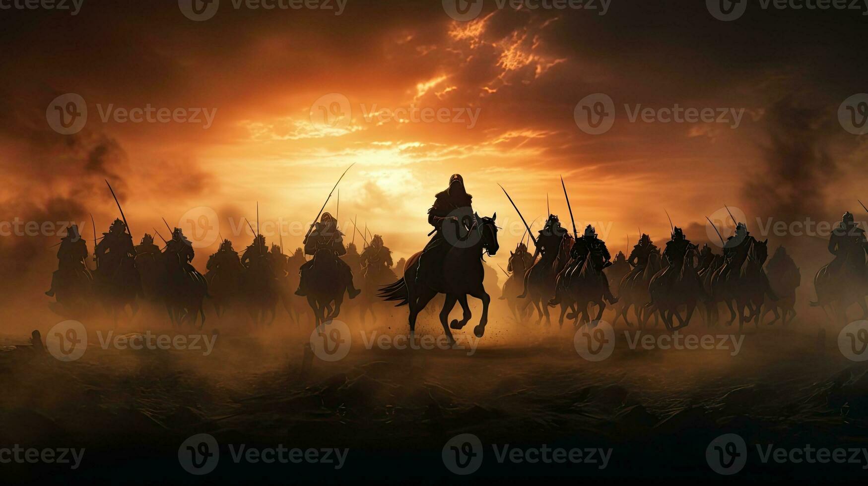 guerrieri su nebbioso tramonto sfondo combattente nel un' medievale battaglia scena con cavalleria e fanteria foto