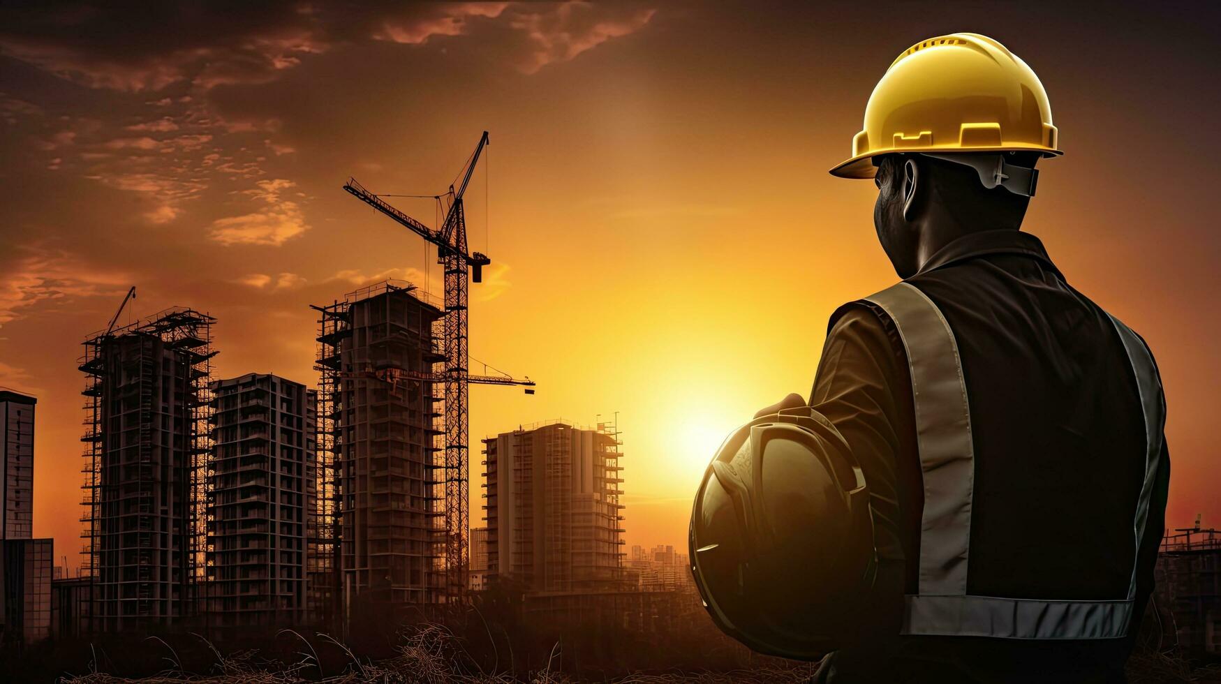 ingegnere con giallo casco assicura lavoratore sicurezza in mezzo nuovo highrise costruzione e gru contro un sera tramonto fondale foto