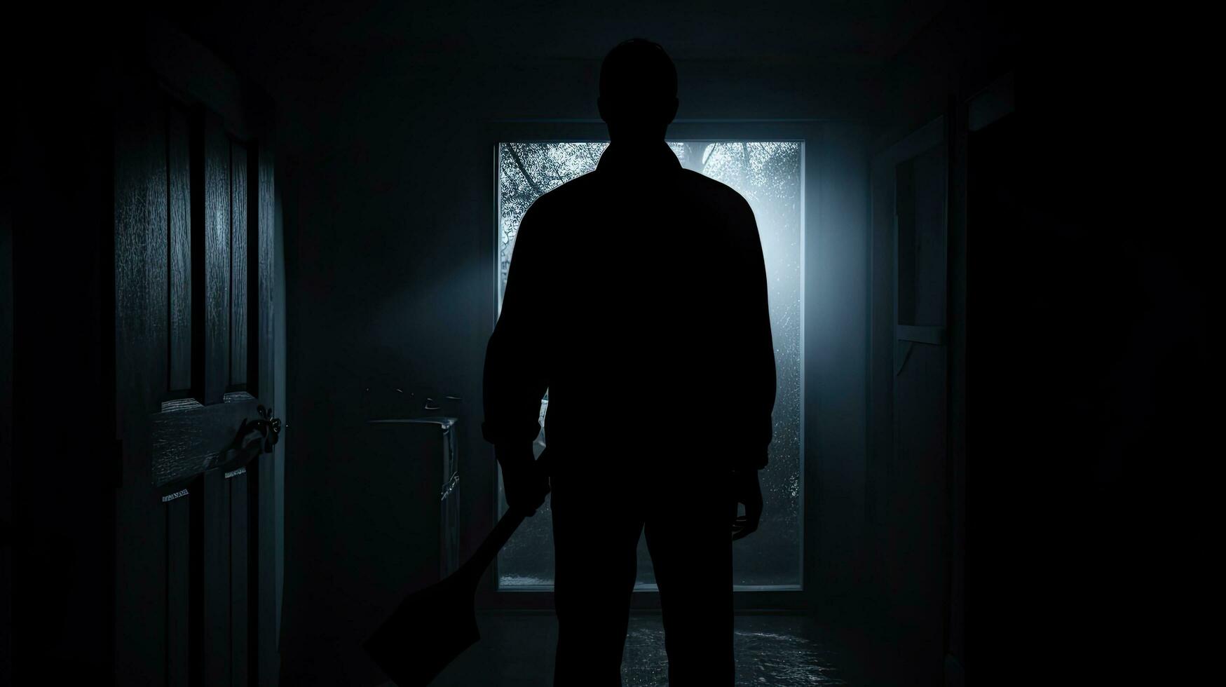 buio corridoio con uomo Tenere ascia crea terrificante omicidio scene foto