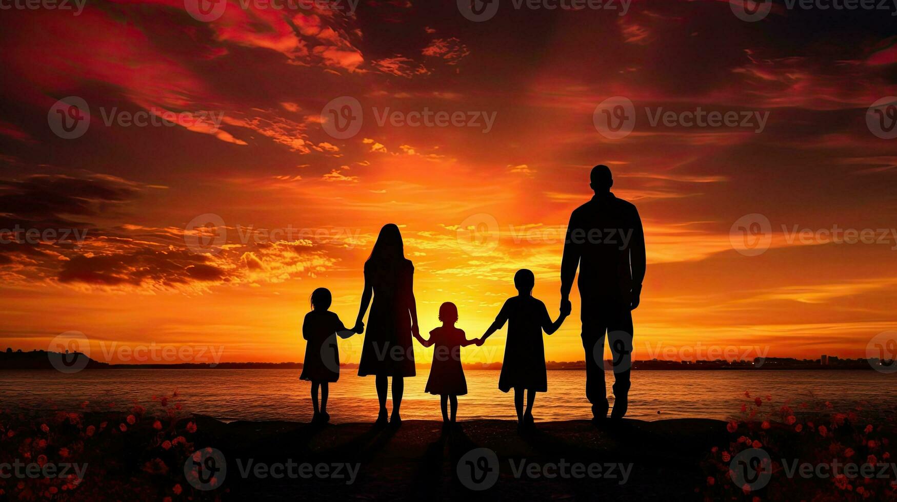 contento famiglia con bambini staglia contro un' tramonto foto