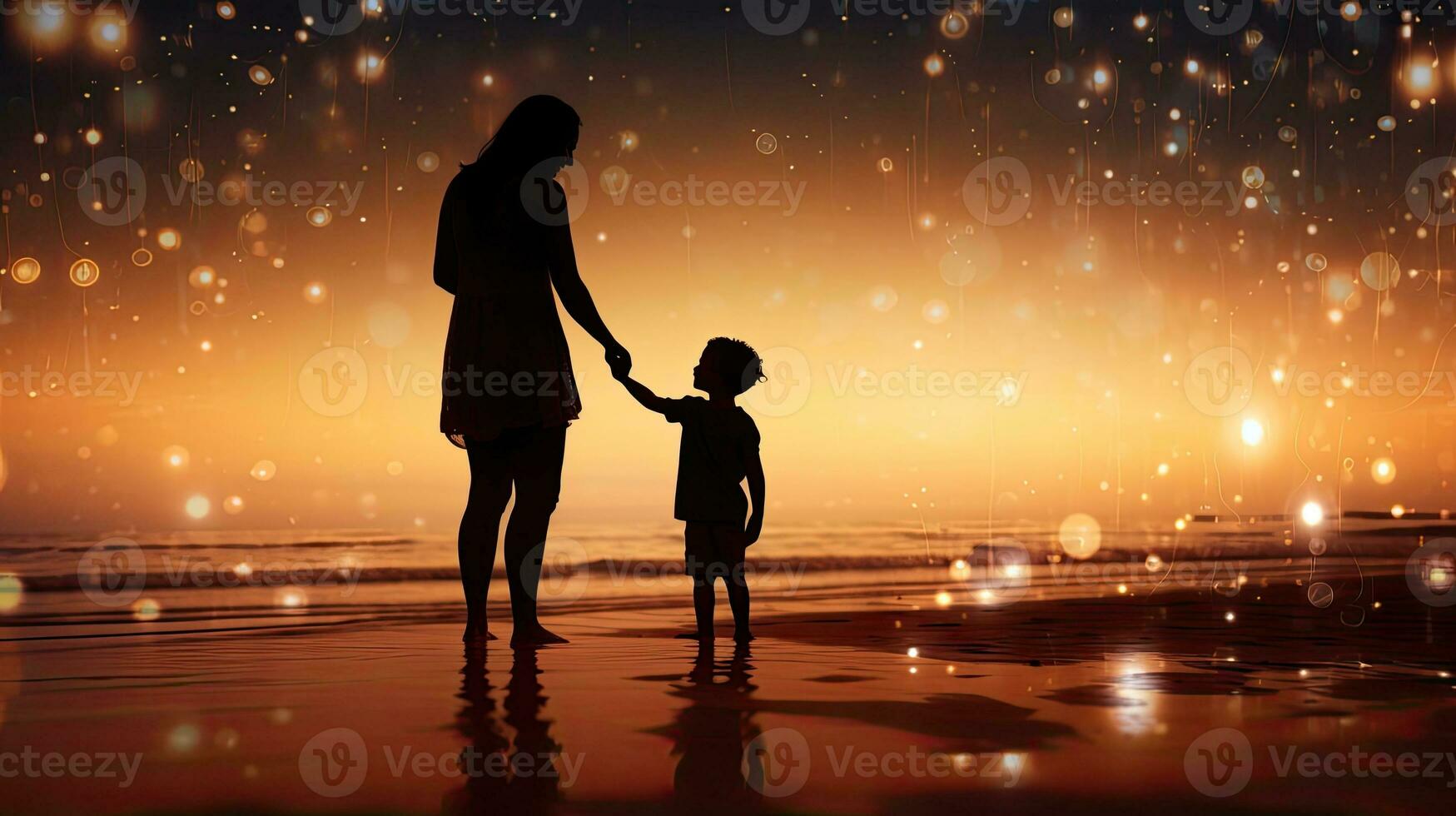 madre e bambino godendo estate vacanza su un' spiaggia con sfocato astratto sfondo e bokeh luci foto