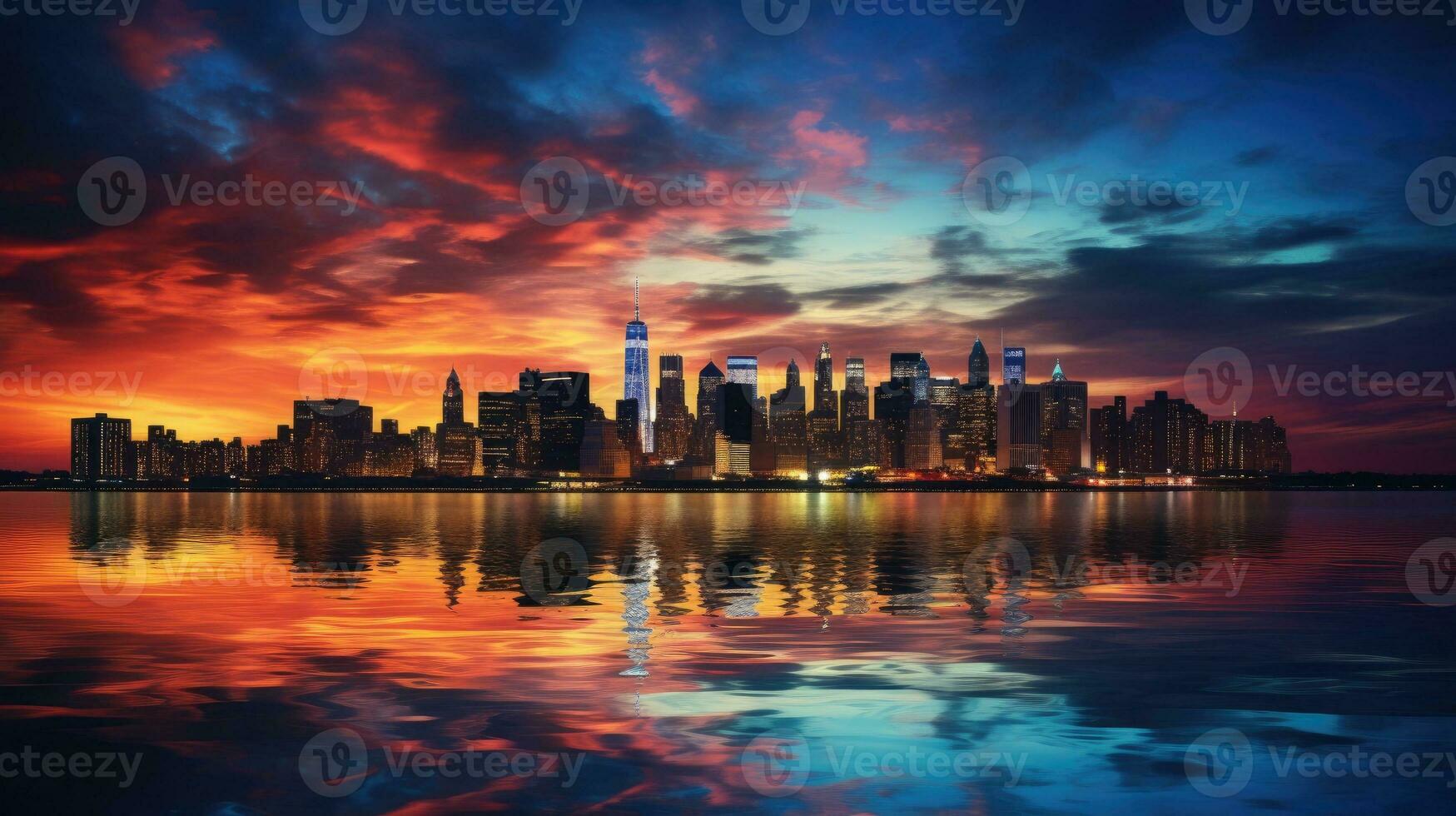 silhouette panorama di Manhattan S midtown a tramonto con grattacieli e un' vivace cielo al di sopra di il est fiume foto