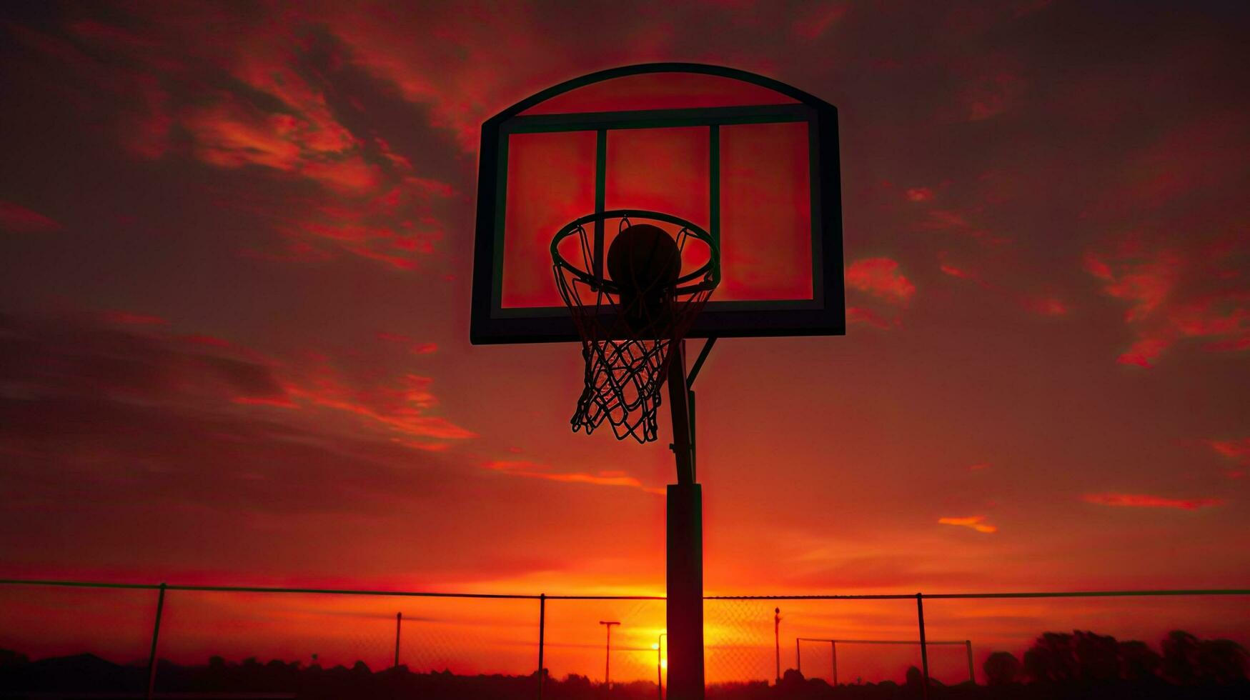 ideale sfondo con silhouette di ambientazione sole nel pallacanestro cerchio foto