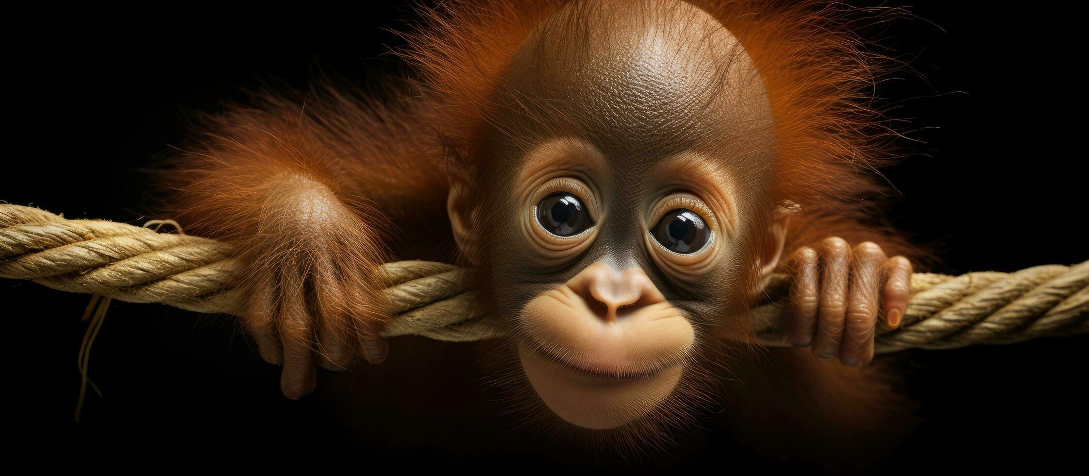 giovane Sumatra orangutan 4 mesi sospeso di un' cordone foto