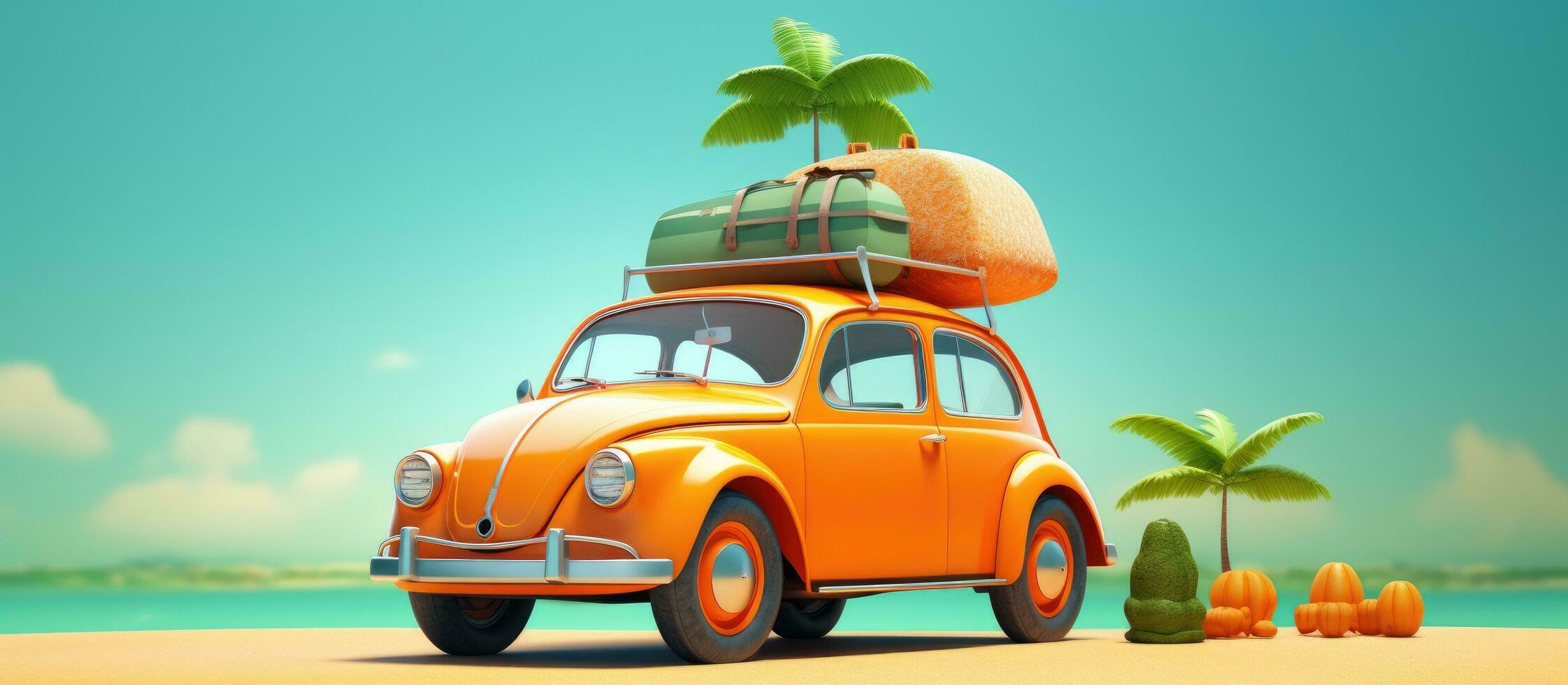 3d illustrazione di un' retrò auto con un' estate vacanza accessorio su un' verde sfondo foto