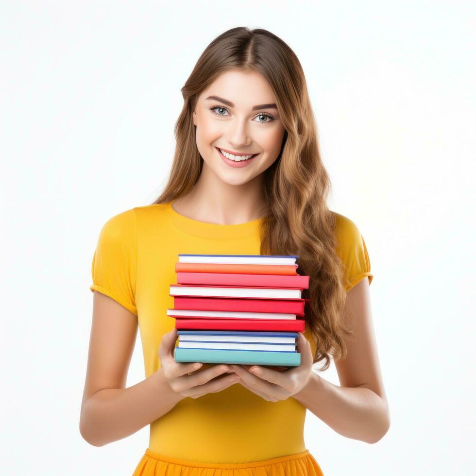 contento alunno ragazza con libri isolato foto