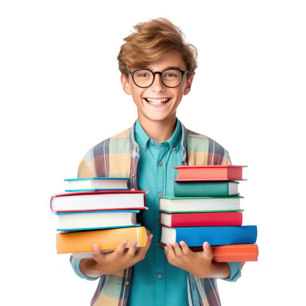 contento alunno ragazzo con libri isolato foto