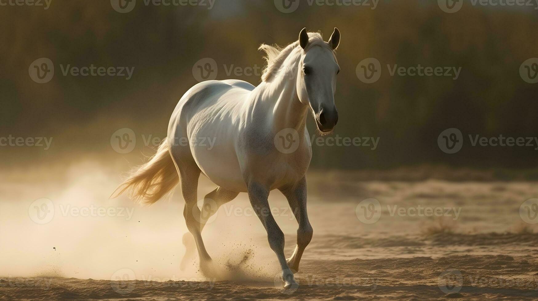 bianca selvaggio cavallo in esecuzione nel il natura sfocatura sfondo con lotto di polvere su il terra. ai generato foto