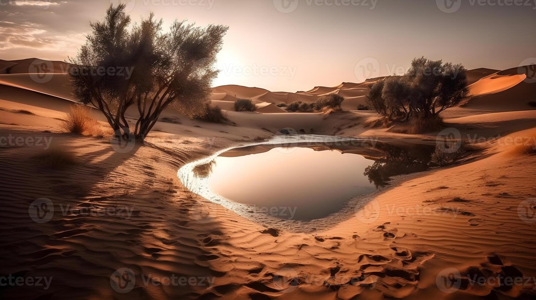 mattina riflessione a il oasi acqua, sereno paesaggio a il deserto. ai generato foto