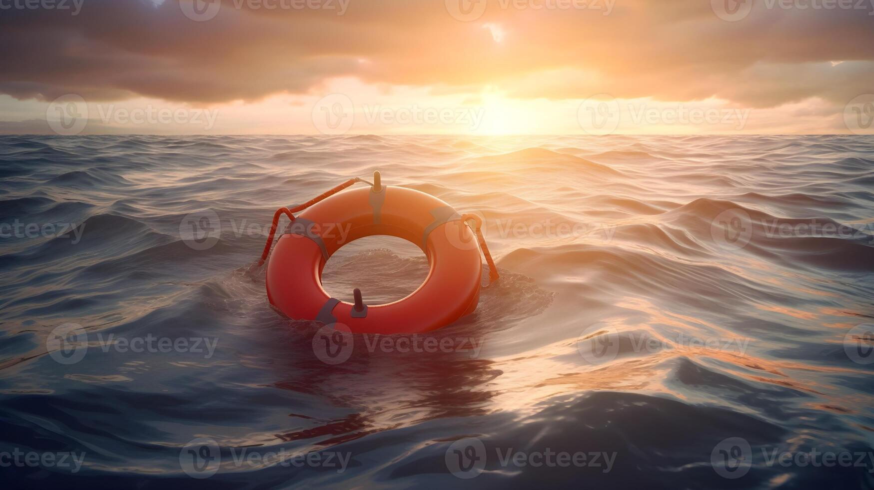 boe galleggiante nel il oceano, nuvoloso cielo e sera tramonto luce. concetto per vacanza, mancante persona, annegare, tragedia ricerca e salvare. ai generato foto