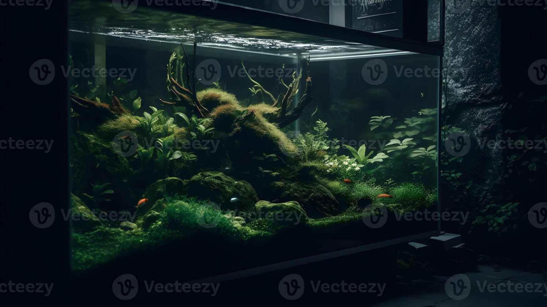 vivace subacqueo acqua fuga ecosistema nel un' grande pesce serbatoio acquario con colorato calcolo, Di legno, acquario ornamento, pesce, e acquatico impianti. ai generato foto