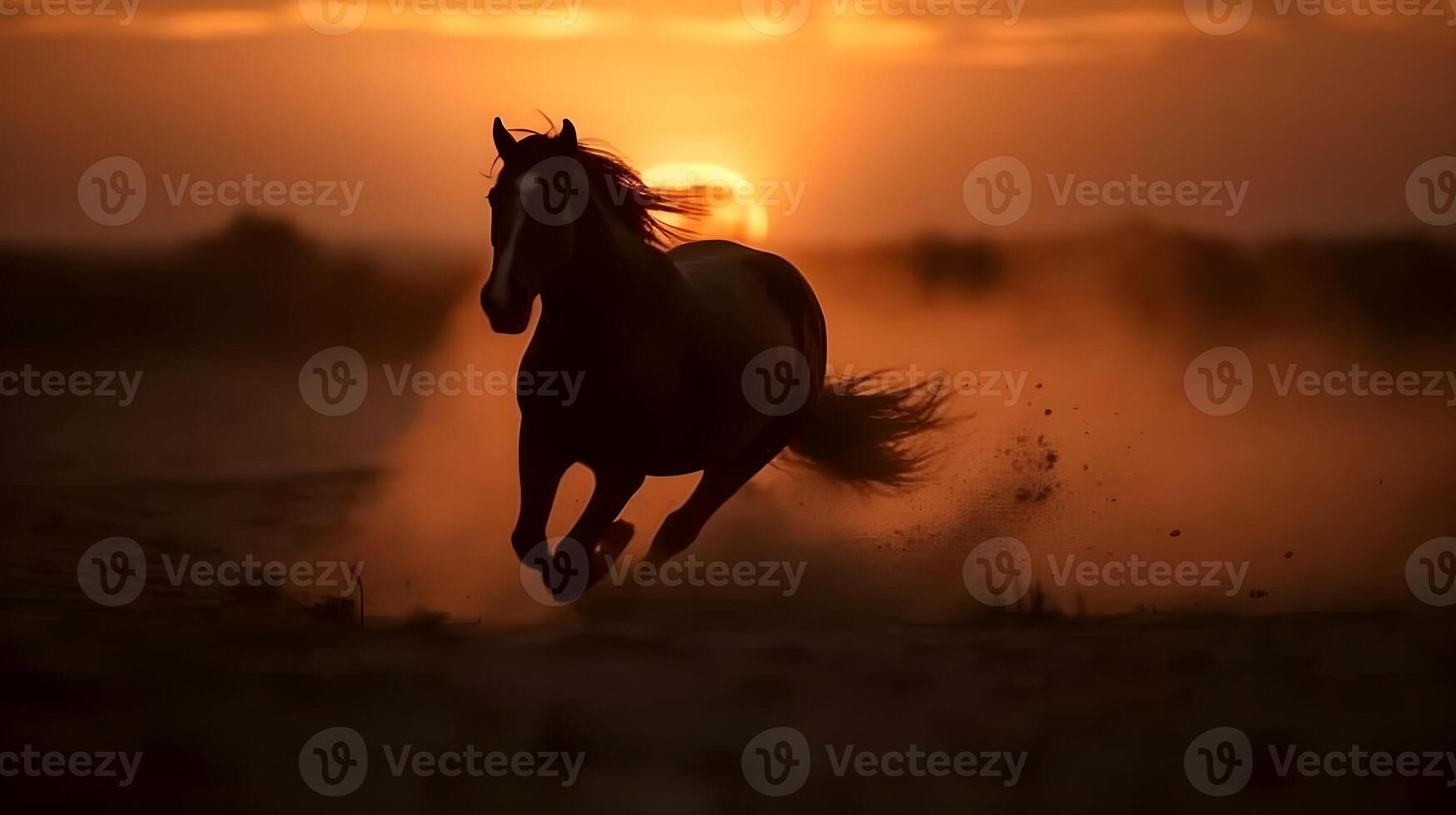 silhouette di Marrone selvaggio cavallo in esecuzione nel il deserto, sera tramonto d'oro ora, natura sfocatura sfondo. ai generato foto