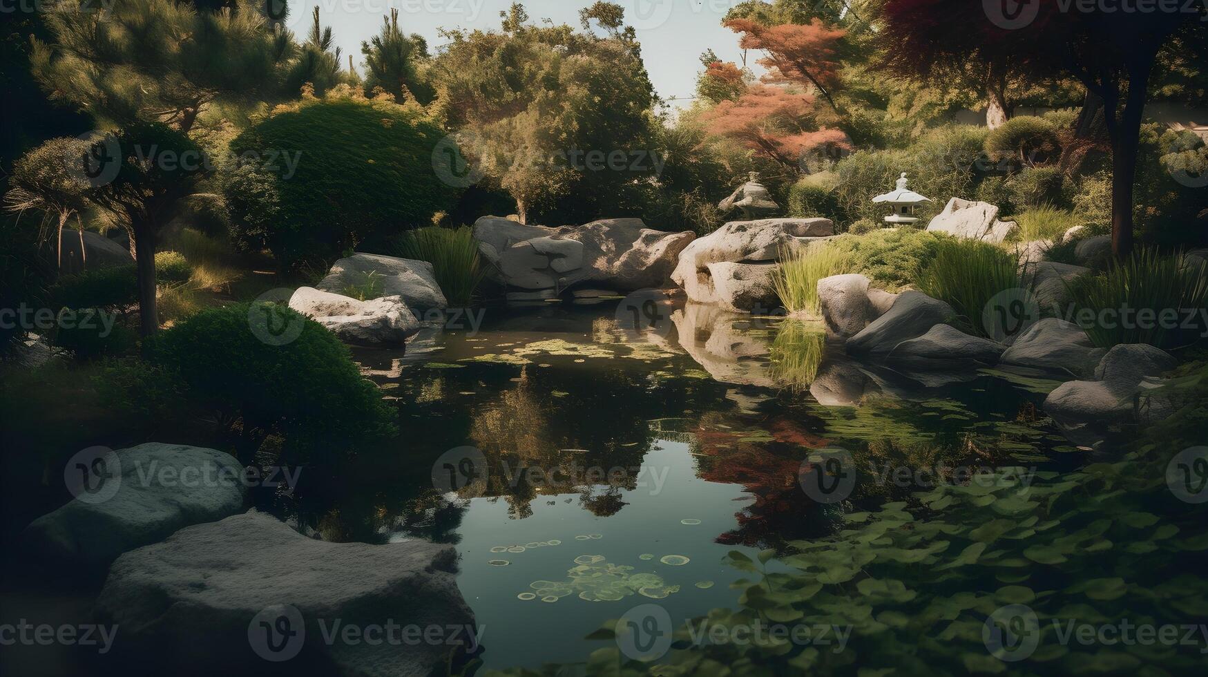 paesaggio di tranquillo giardino pesce stagno con calma acqua, riflessione su il acqua, panoramico verde, giapponese stagno pieno di lussureggiante giardino pianta. ai generato foto