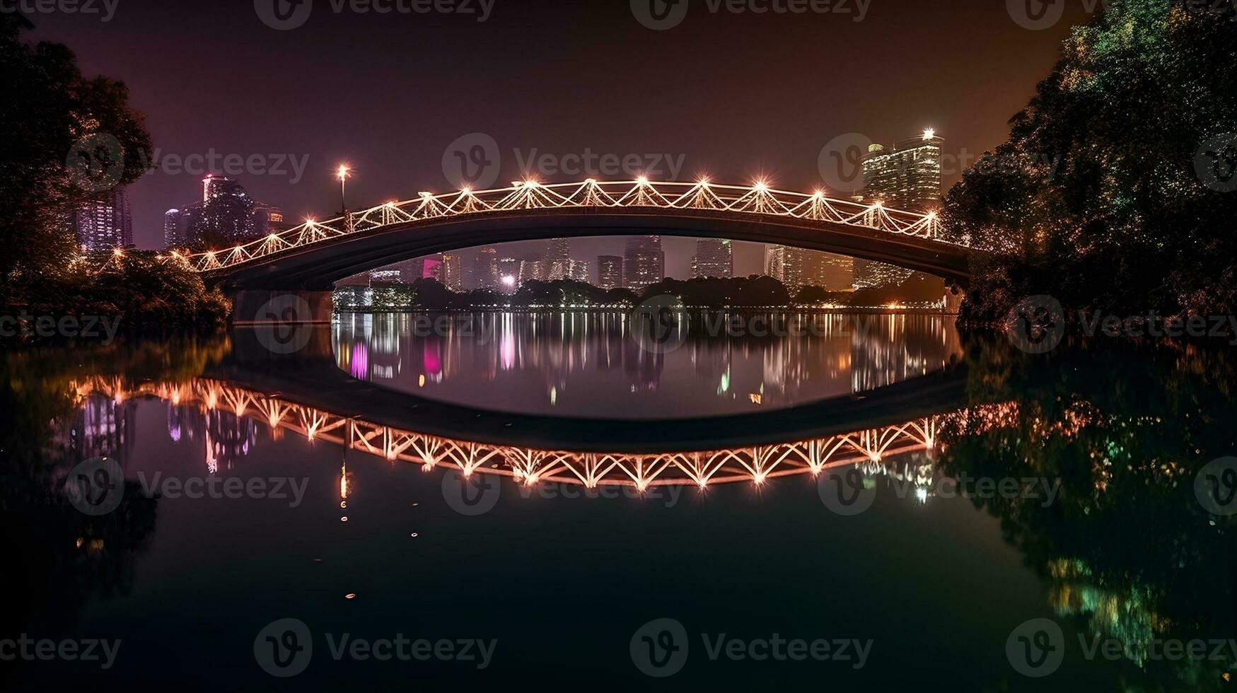 abbagliante paesaggio urbano con illuminato architettura, riflettendo via acqua, sotto buio sera cielo. ai generato foto