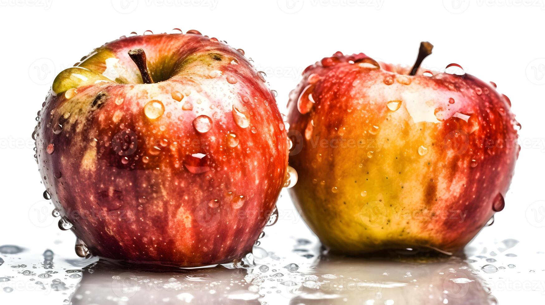 vicino su di Due rosso Mela studio tiro con alcuni acqua far cadere sembra fresco su bianca sfondo. ai generato foto