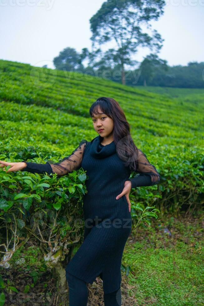 un asiatico donna nel un' nero vestito è in posa nel davanti di un' molto bellissimo tè piantagione foto