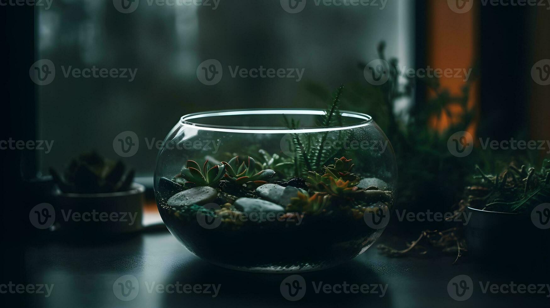 un' impostato di succulento terrario nel un' piccolo il giro acquario bicchiere trasparente acquario. ai generato foto