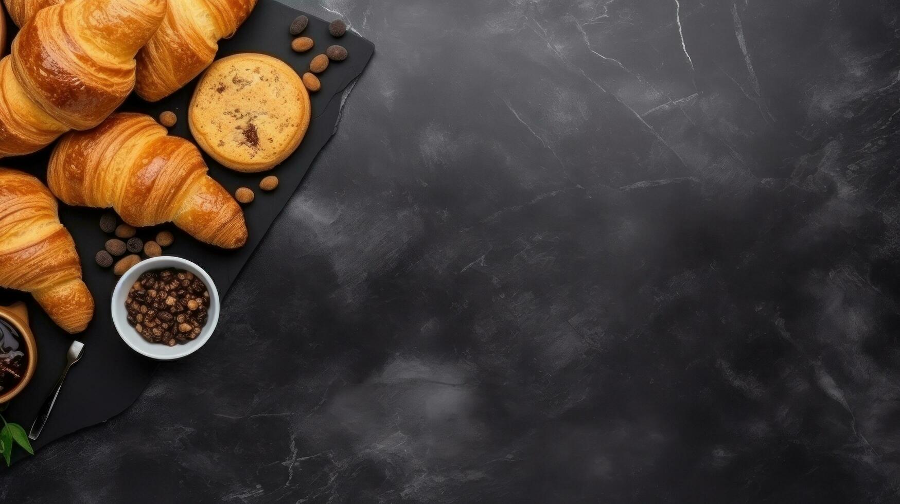 prima colazione con brioche su pietra sfondo foto