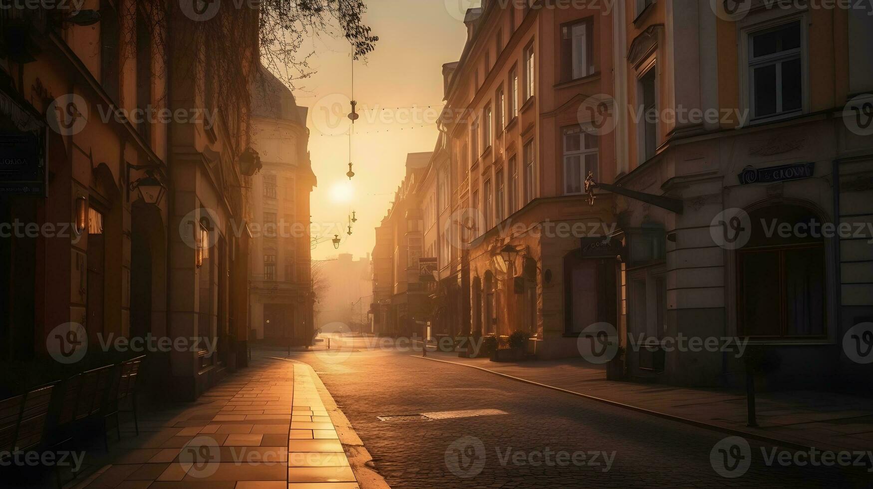 città strade a sera tramonto d'oro ora, buio vicolo, sbalorditivo architettura, travolgente strada. ai generato foto