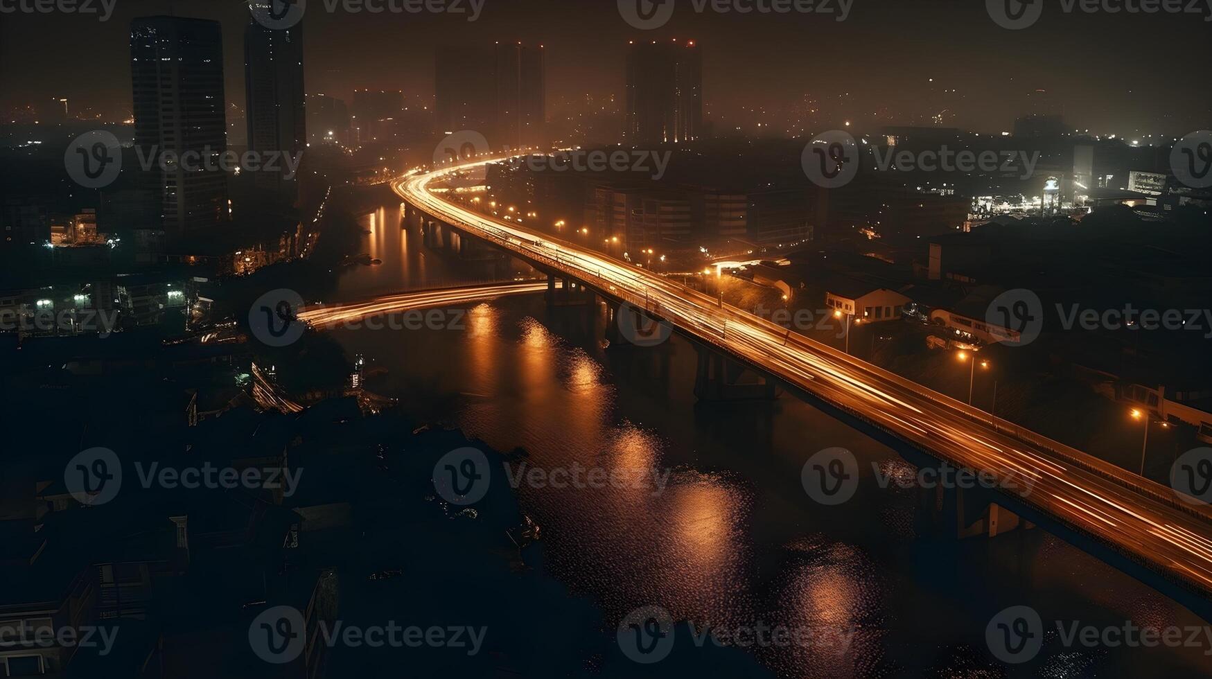 città orizzonte a crepuscolo illuminato sera riflessi su ponte e edifici. ai generato foto