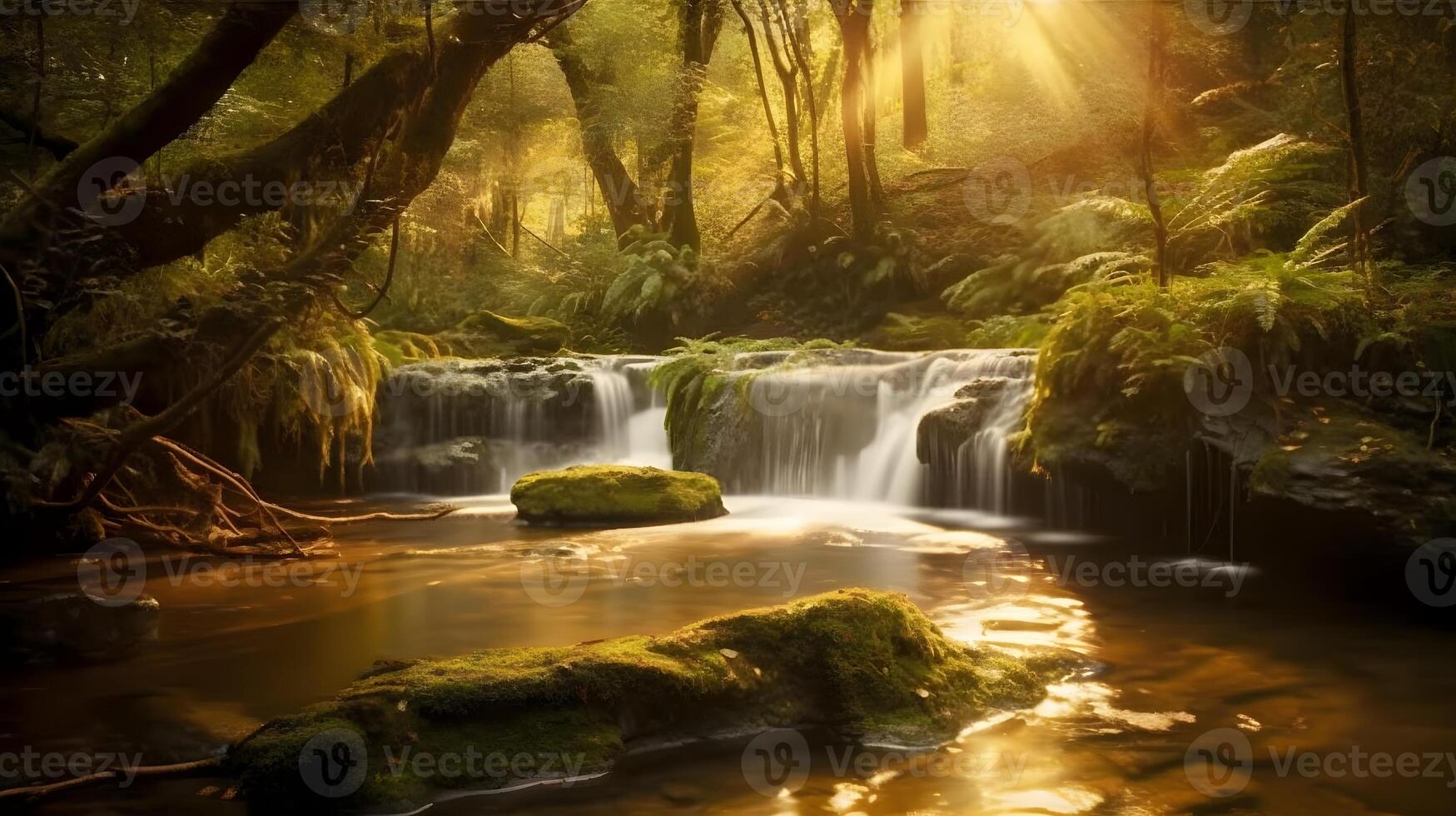 paesaggio di bellissimo nebbioso cascata nascosto nel il in profondità giungla e fiume flusso ombreggiatura fra il alto albero a il natura. ai generato foto