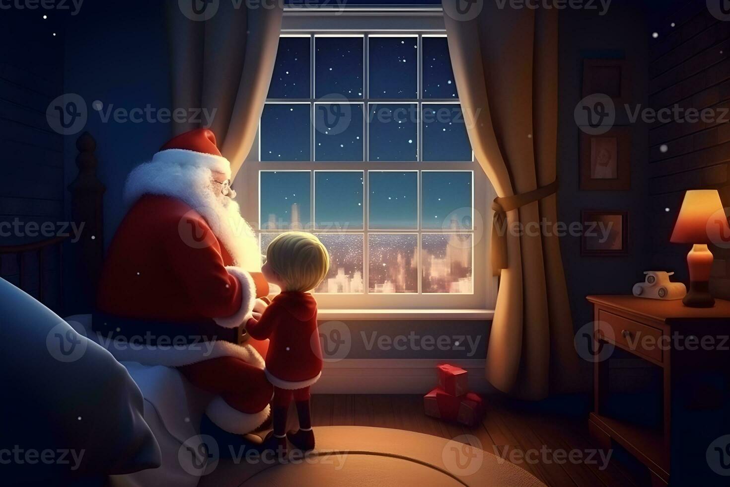 illustrazione di Santa Claus con un' bambino dietro a il finestra ,generativo ai foto